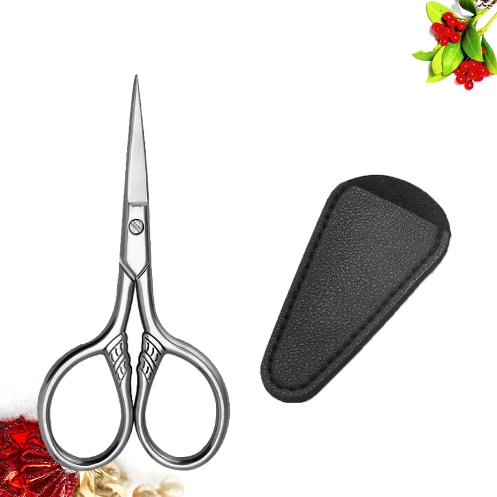 1 Set Portable Beard Scissors Special Beauty Scissors Practical Makeup Small Tool for Home Salon Use (Black 1PC PU Cover+Silver