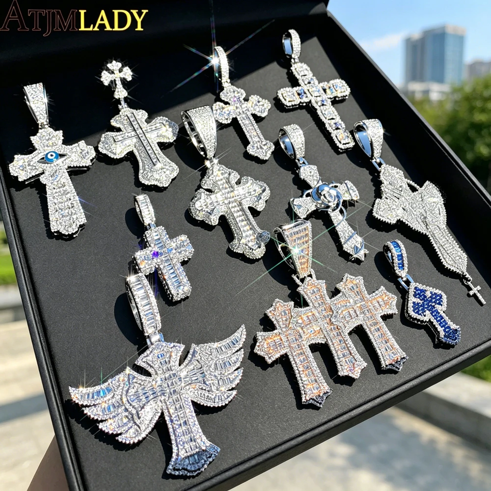 New Iced Out Cross Pendant Necklace For Women Men Bling Prong Settin Cubic Zirconia Cross Charm Luxury Hip Hop Fashion Jewelry