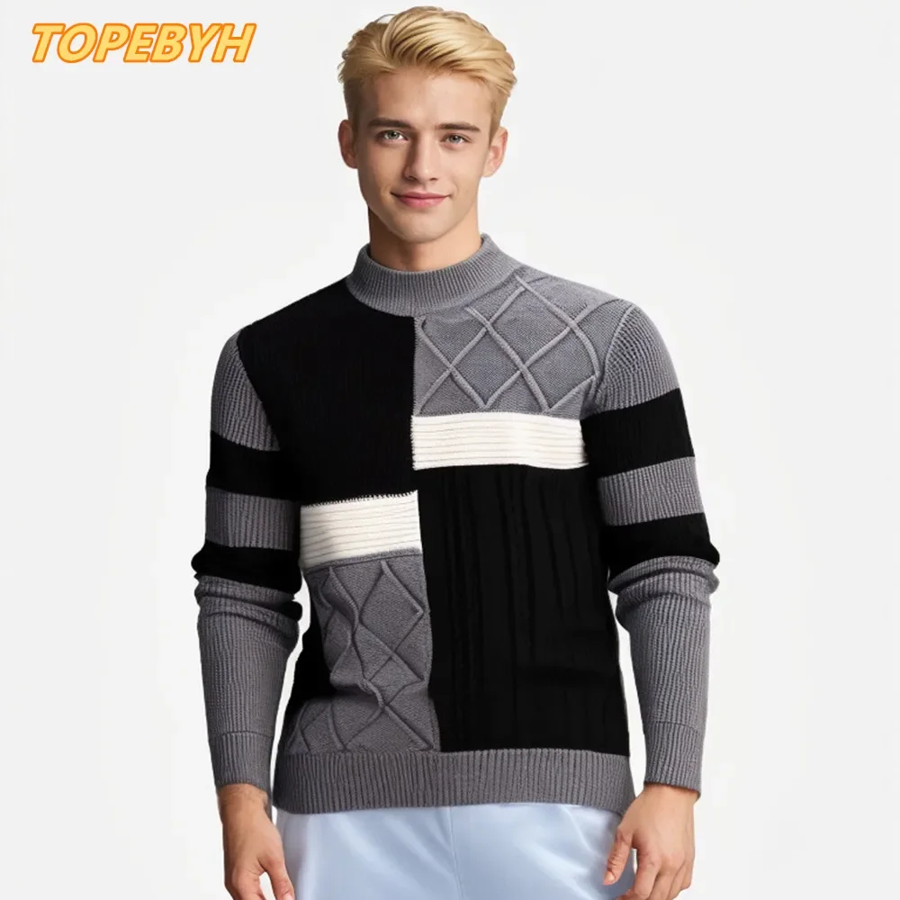 2025 Suéter de bloque de Color cálido informal de otoño e invierno para hombre de alta calidad, Tops de punto, ropa para hombre