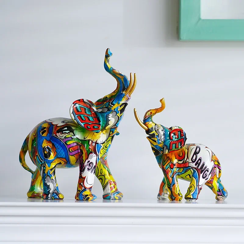Nordic Painting Graffiti Elephant Sculpture Figurine Art Ornaments Colorful Statue Creative Resin Crafts Home Decoration Gift