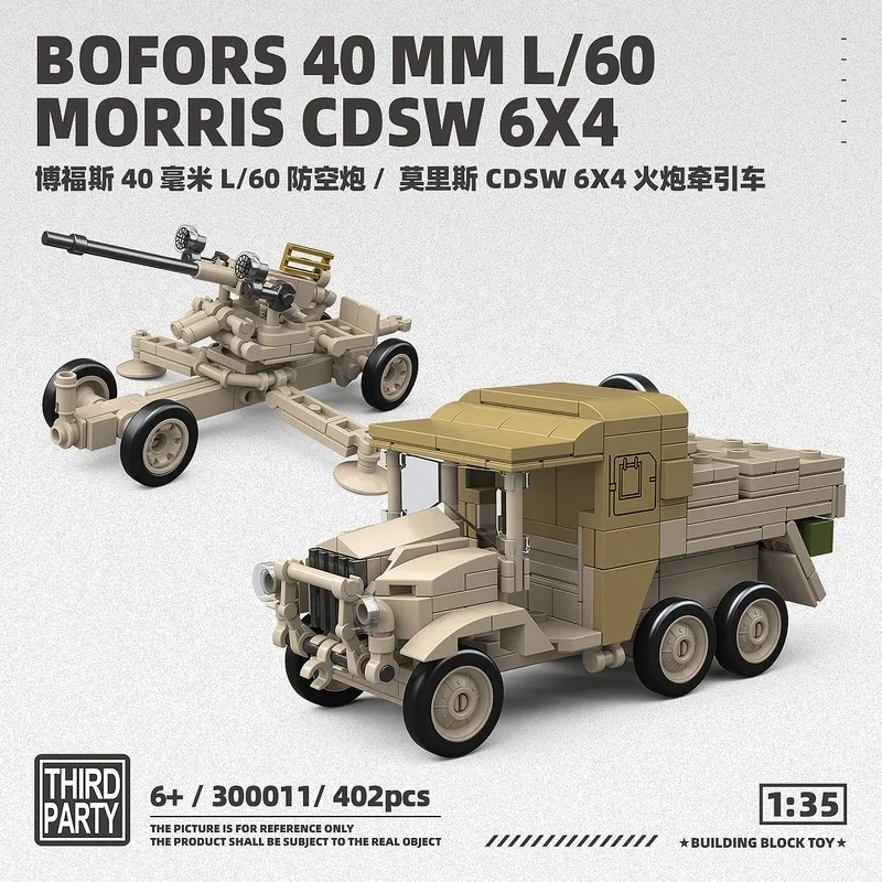 Britische Bofors-Luftabwehrgeschütz-Fahrzeug-Bausteine, DIY-Montage, Militärmodell, Lernspielzeug, Geschenk für 300011