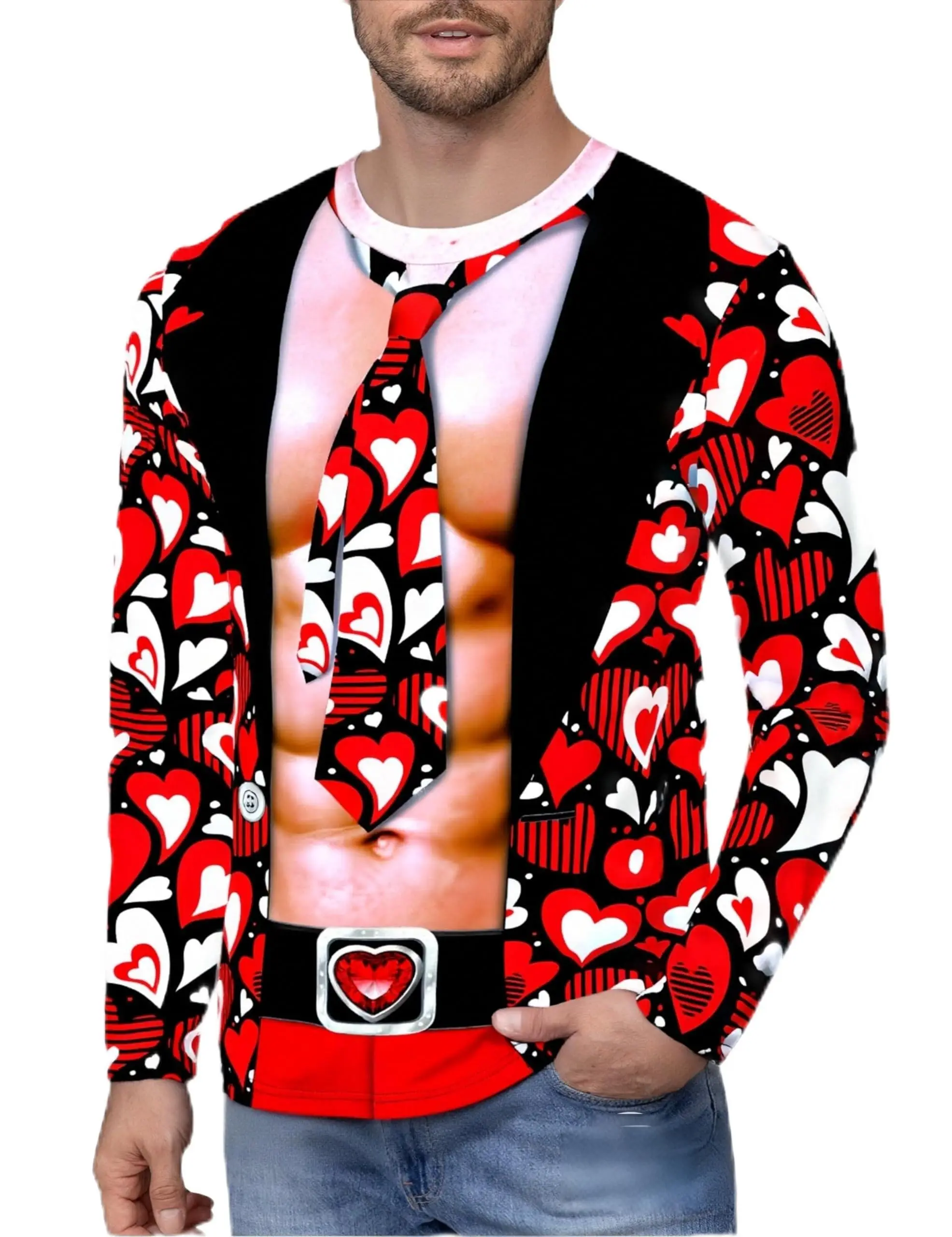 Camiseta de manga larga con estampado de músculos en 3D para hombre de Fun Carnival – Camiseta con gráfico de traje y corbata novedosos para fiestas, cosplay, ropa informal