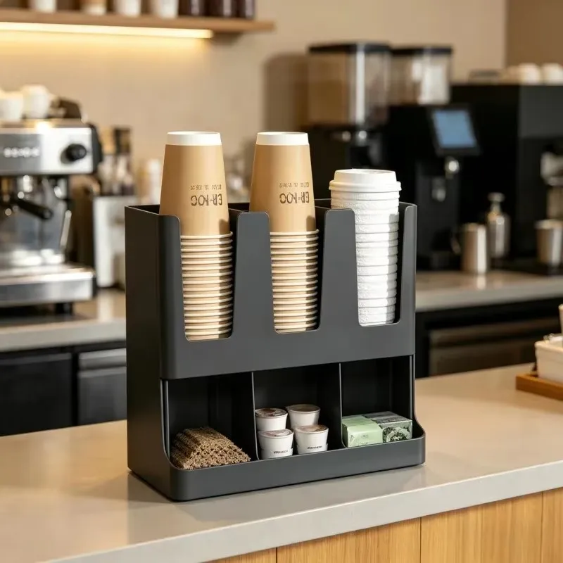 Multi-Compartment Organizer Rack for Coffee Cup Lids and Condiments, Ideal for Kitchen, Office, or Break Room Storage