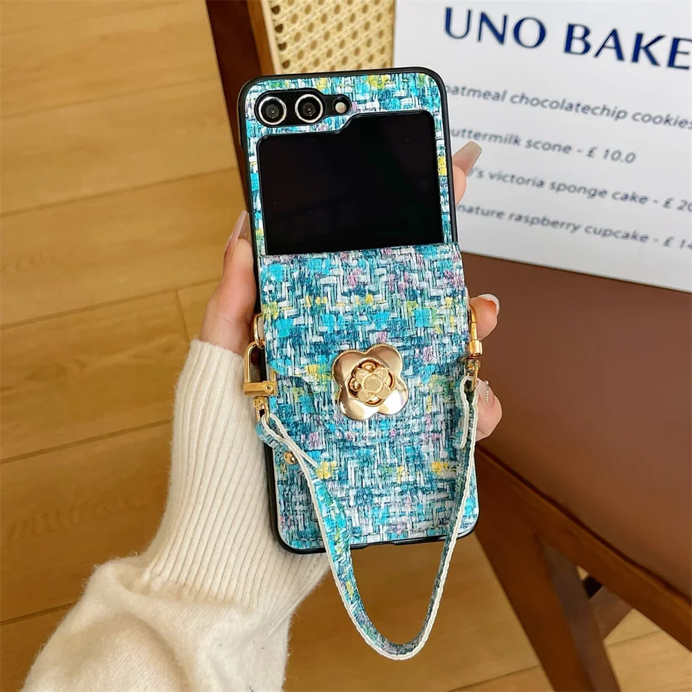 Pulseira de pulso caso de telefone para samsung galaxy z flip 6 5 4 3 flip6 flip5 flip4 flip3 5g titular do cartão mão corda tecer capa de couro do plutônio