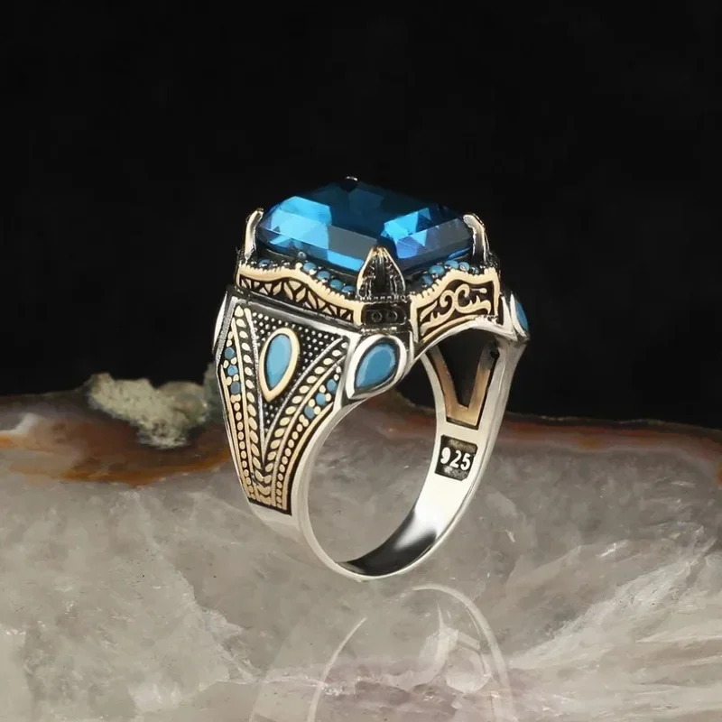 Retro Handgemaakte Turkse Zegelringen Voor Mannen Oude Zilveren Kleur Gesneden Ring Mystic Zirkoon Inlay Nieuwe Punk Motor Biker Ring