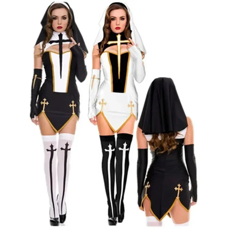 Disfraz de Monja Sexy de la Virgen María para Mujer Adulta, Vestido de Cosplay con Capucha Negra para Halloween, Disfraz de Monja para Fiesta de Cosplay