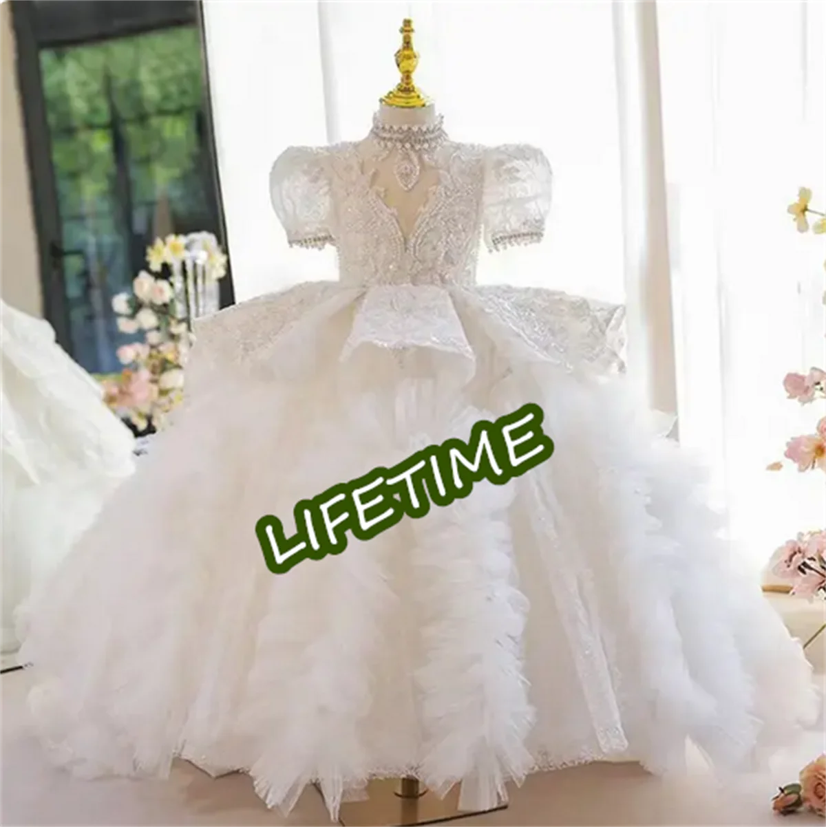 Luxury Glitter Pearls Beaded Flower Girl Dresses For Wedding Shiny Sequins Appliques Princess Puff Sleeves First Communion Gowns