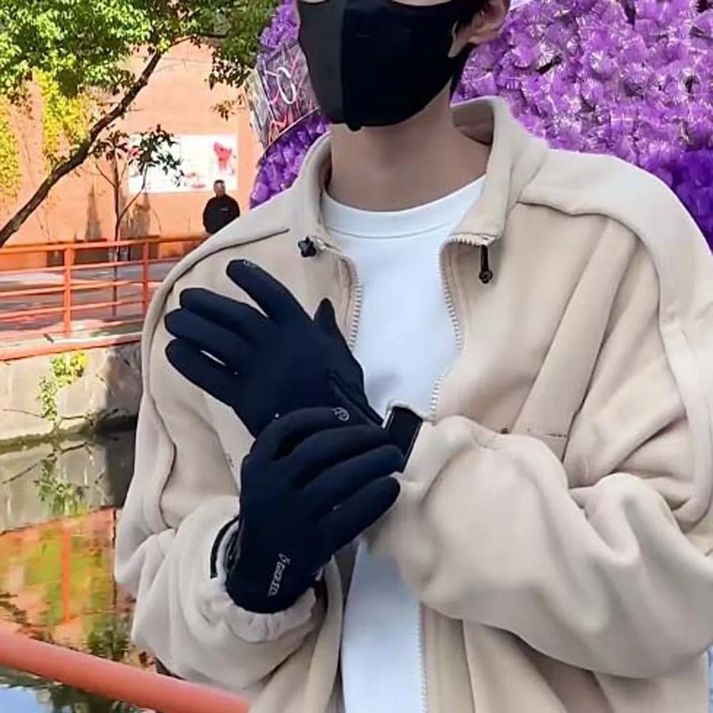 Polar Fleece 2 Finger Flip Gloves Soft Anti-slip PU Anti-cold Mittens Touch Screen Contrast Color Plush Thickened Gloves Winter