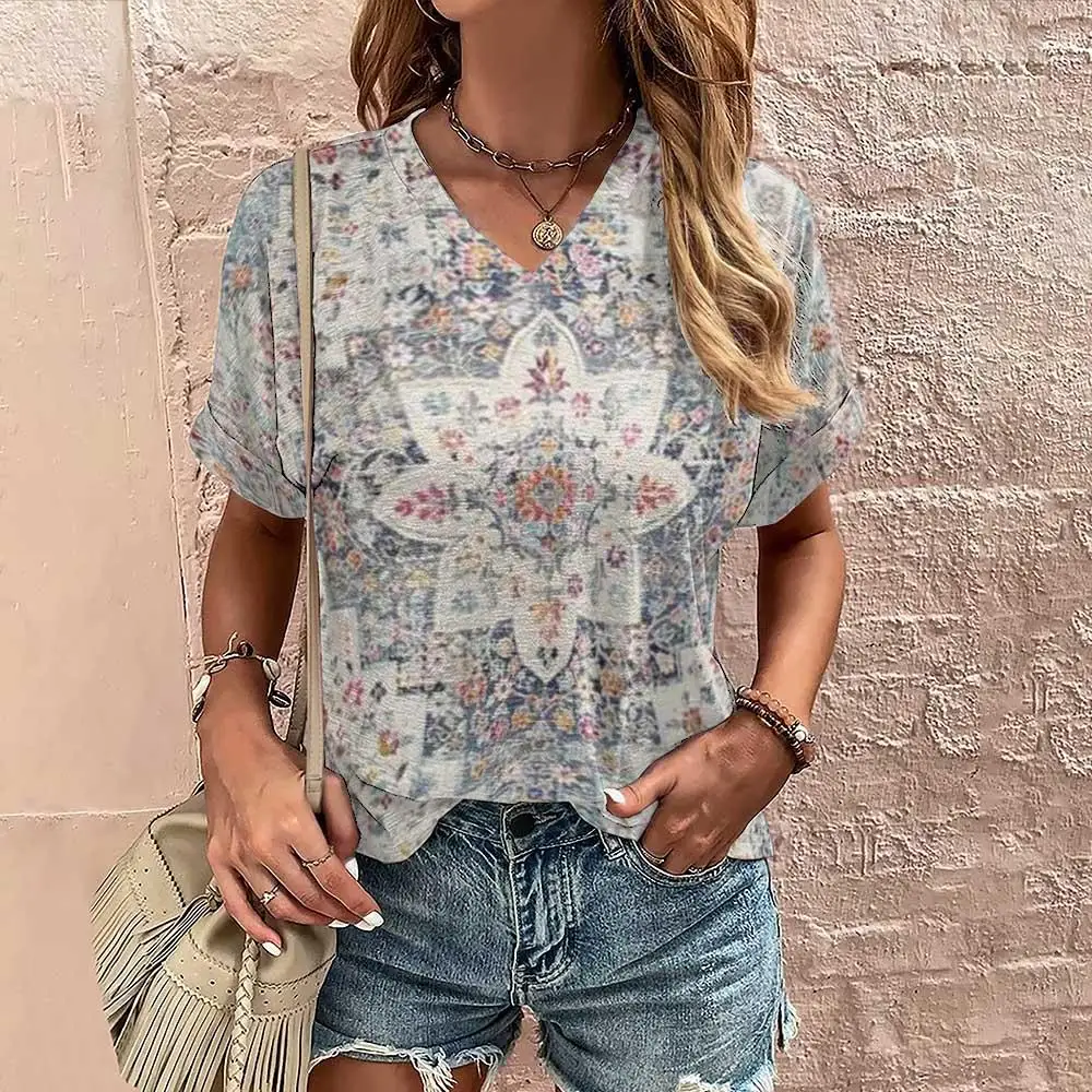 Vintage Bohemian Geometric Print T-shirts For Women\'s Plus Size Female Shirt Crop Top Summer Women Clothing Fashion Oversized