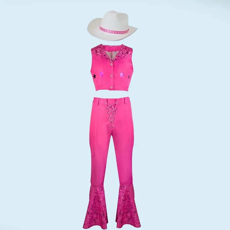 

Barbi Cosplay Costume with Hat Pink Cowgirl Outfits 70s 80s Hippie Disco Costume Margot Robbie Movie Barbi Halloween Comic Cn