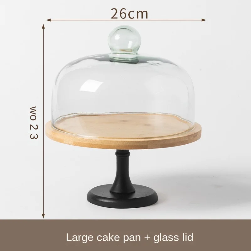 Simple High Foot Wooden Tray with Glass Cover Modern Hotel Wedding Table Decoration Dessert Cake Stand Trays Decorative