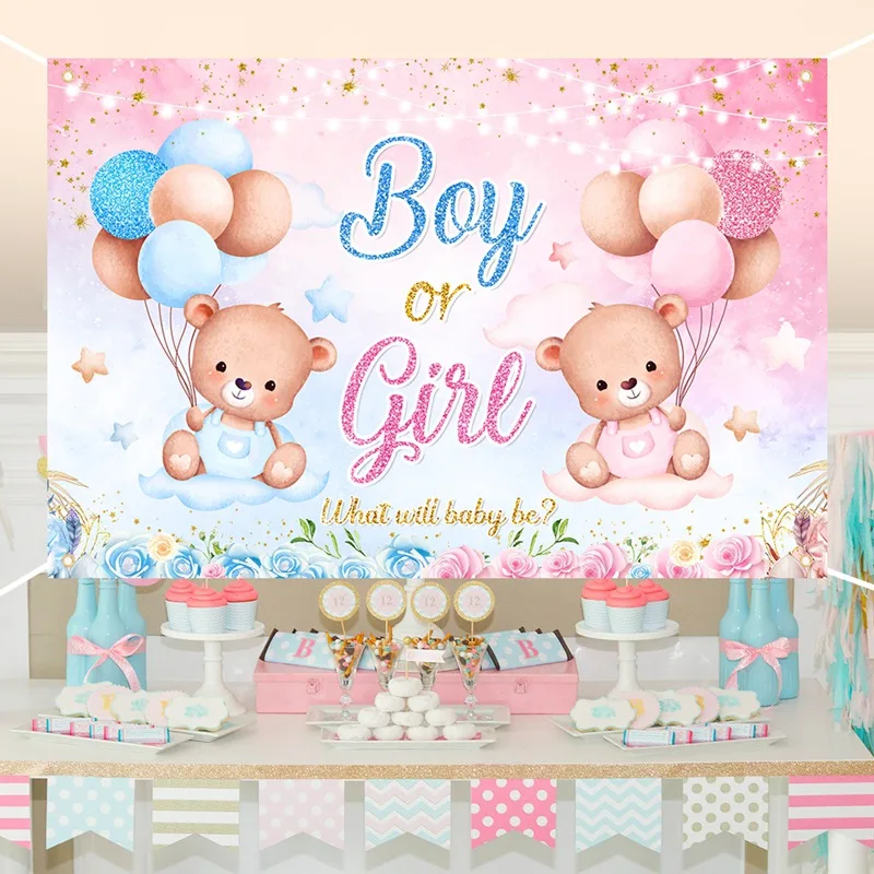 Gender Reveal Backdrop Baby Gender Party Decorations Supplies Pink Blue Bear Banner Baby Shower Photography Background
