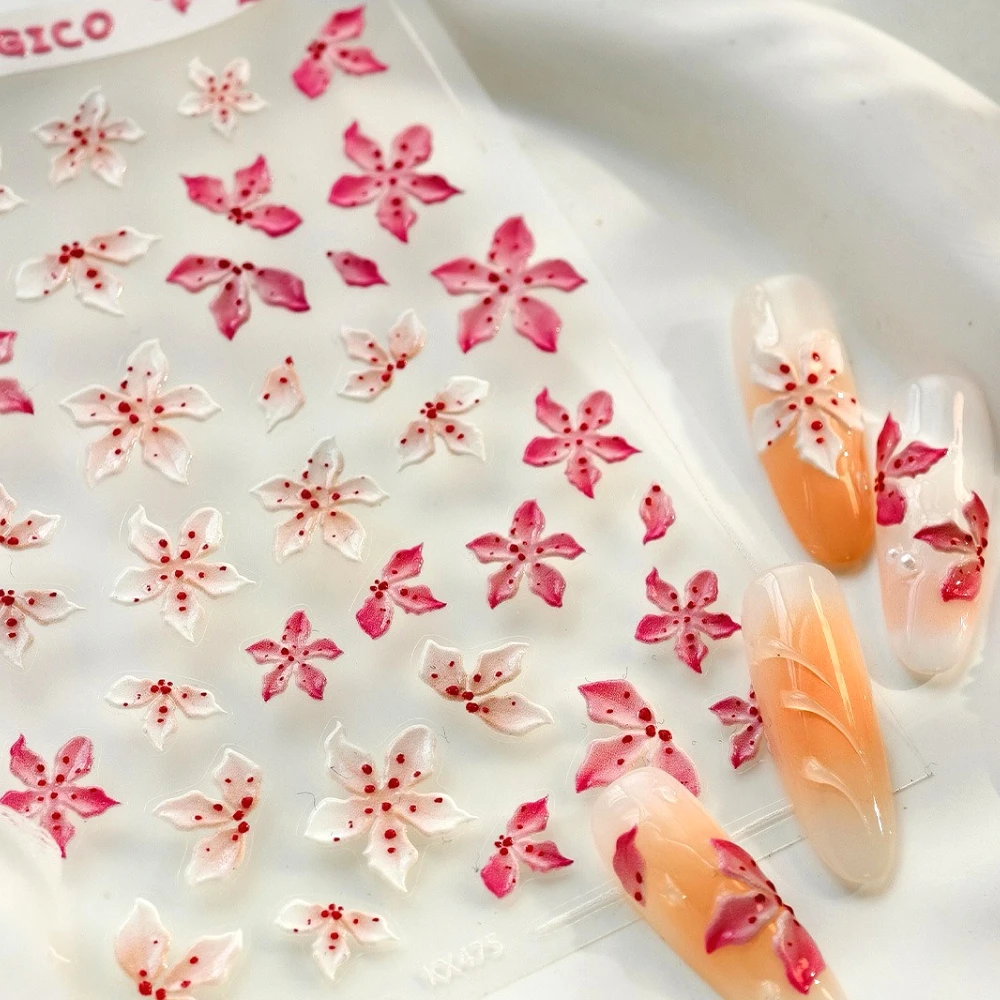 

Pink White Gradient Lily Flowers 3D Jelly Embossed Self Adhesive Nail Art Sticker Illusion Polarized Manicure Decals Wholesale