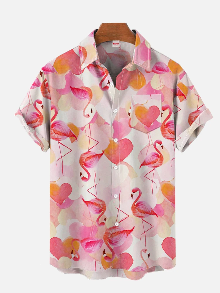 

Summer Men's Hawaiian Flamingo Print Shirt Button down Short Sleeve Casual Shirt Short Sleeve Tropical Fashion Oversized Shirt