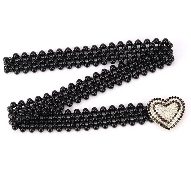 Black Pearl Waist Cincher Wide Stretch Elastic Belt for Women Elegant Ribbon Sash Chain to Wear with Dresses