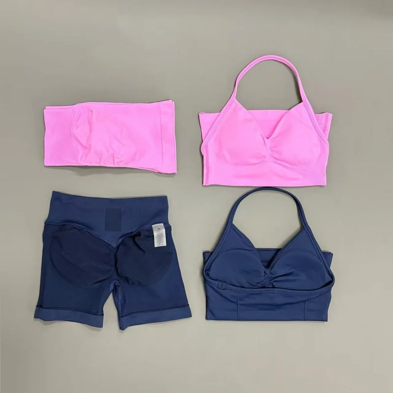 2Pcs Yoga Set Women Longline Strappy Top Low Ribbed Waist Seamless Sports Shorts Sets Running Fitness Workout Sportswear Suit
