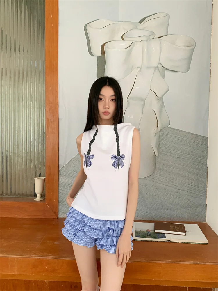 CHEERART Designer Ruffles Blue Plaid Shorts Women Summer Designer Low Rise Bloomers Micro Cute Shorts Fashion Bottoms