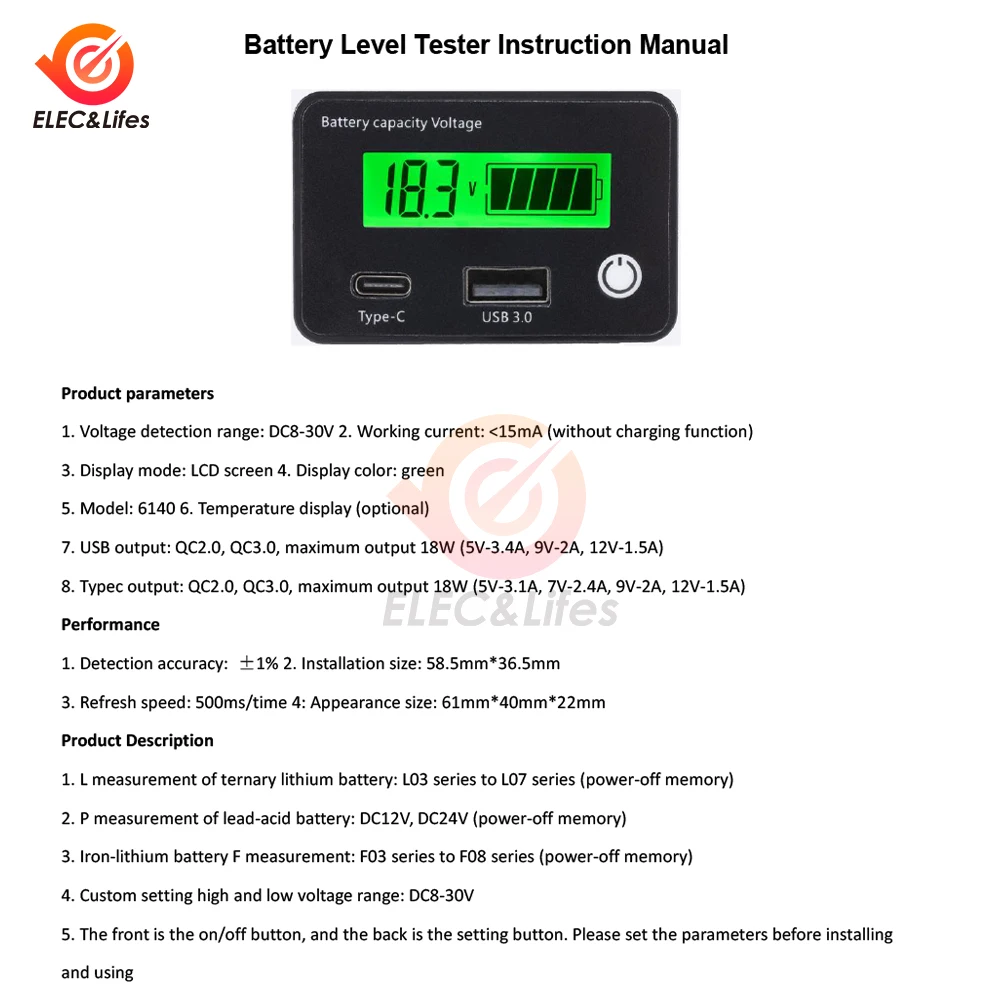 DC 8-30V USB3.0 + Tpye-C kwas ołowiowy wskaźnik pojemności baterii litowej motocykla woltomierz cyfrowy Tester napięcia miernik