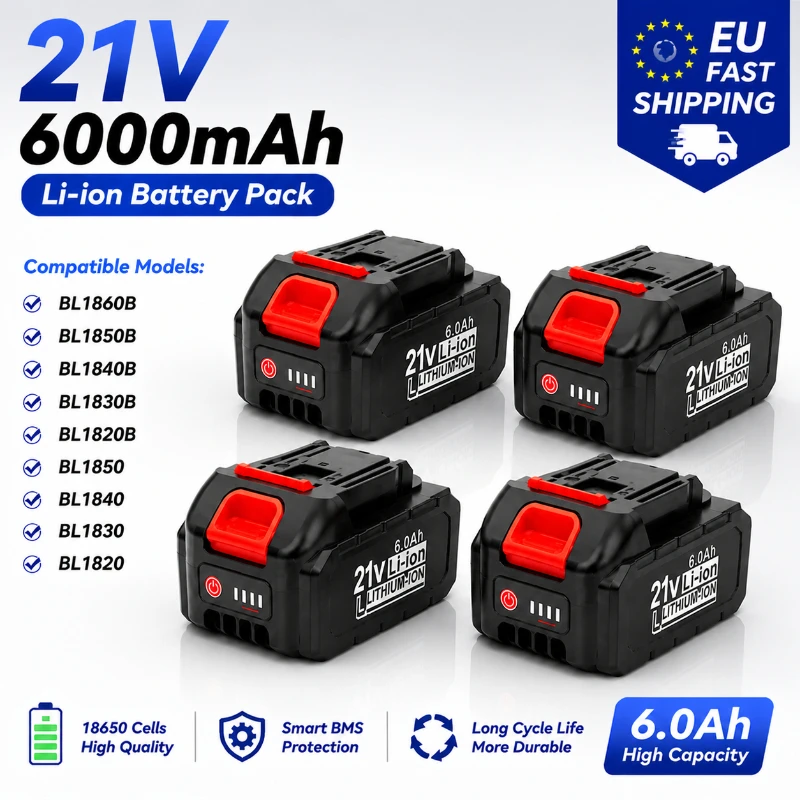 Image of 21V 6000mAh Li-Ionen-Akku, schnell aufladbarer Akku mit LED-Leistungsanzeige, hohe Kapazität, 18650 5S2P, Ersatz für BL1850 BL1840 BL1430 BL1440, kabellose Elektrowerkzeuge