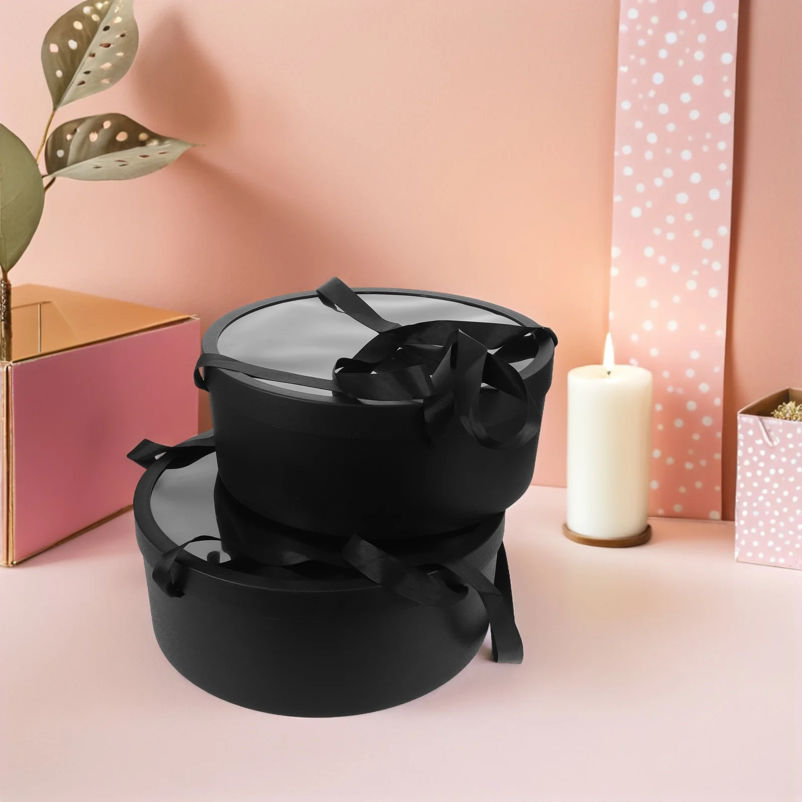 

2Pcs Round Flower Gift Box Fruit Packaging Long Handle Floral Arrangement Valentines Birthday Wedding Proposal
