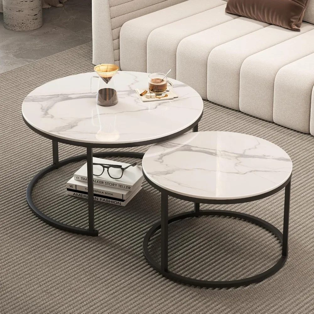 Round Sintered Stone Nesting Coffee Table, White Modern Decorative Coffee Center Table Set of 2, Slate Coffee Table for Living R