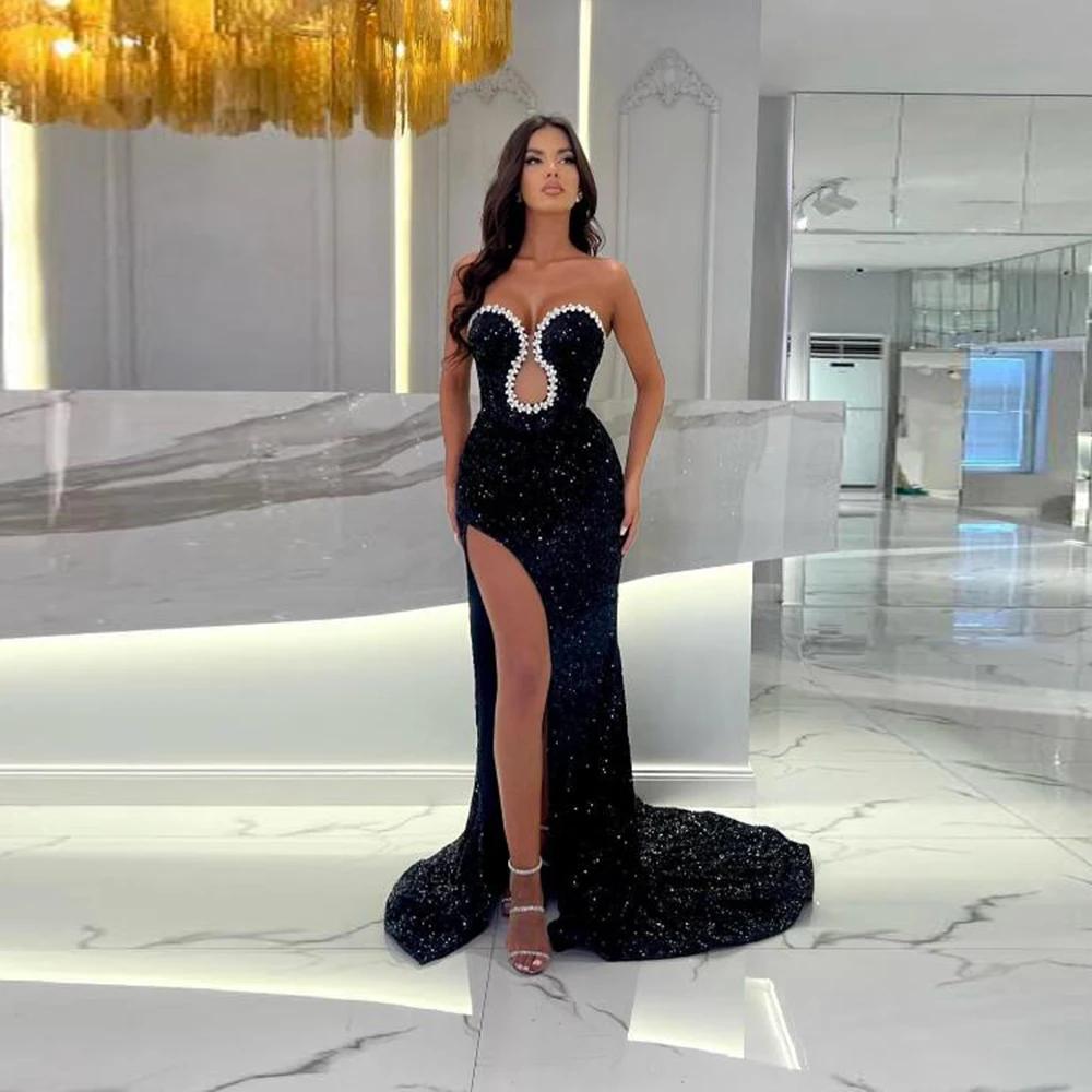หรูหราAso EbiแอฟริกาMermaid Evening Dresses Sparkly Sequins Straplessชุดราตรีที่กําหนดเองสูงแยกสาวสีดําชุด 2025