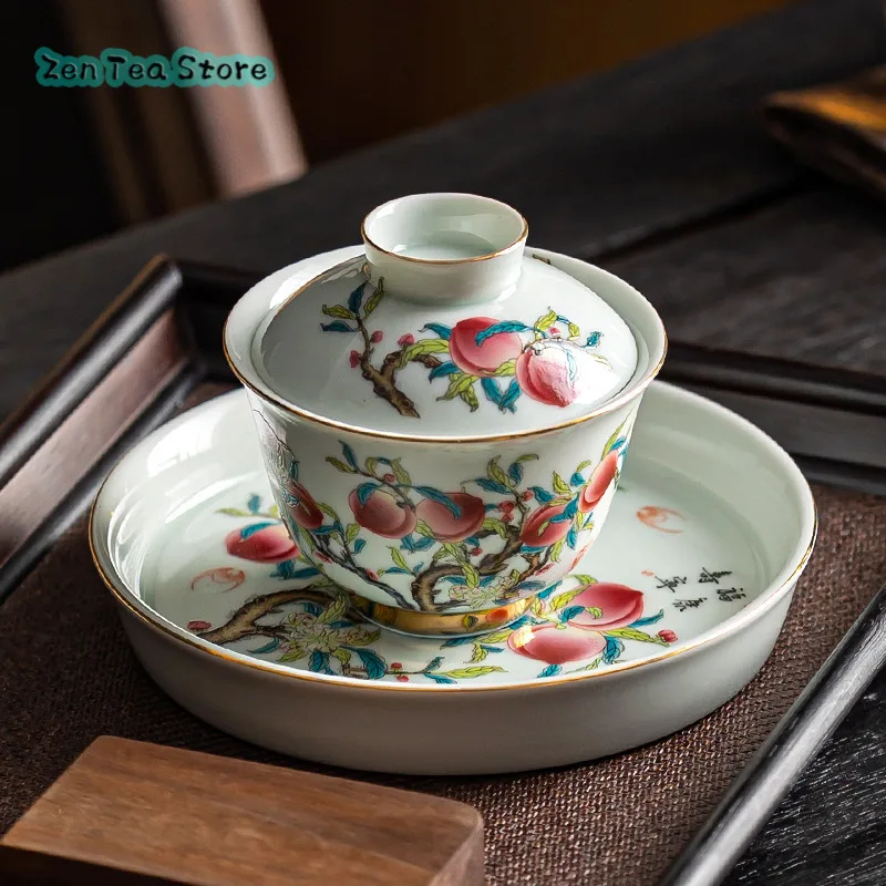 Nine Peach Fu Shou Retro Three Cover Bowl Chinese Household Ceramic Tracing Gold Single Tea Bowl To Tea Bowl Kung Fu Tea Set