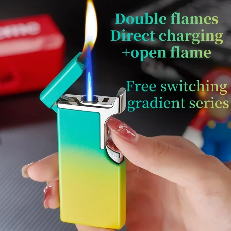 

Outdoor Windproof Metal Dual Flame Lighter With Perspective Air Window Straight Flame Open Flame Switchable Creative Lighter