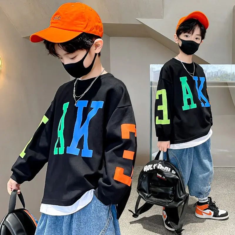 Boys' Medium To Large 2025 New Arrival No Hood Crewneck Long Sleeve Sweatshirt Spring/Autumn Trendy Layering Top for Kids