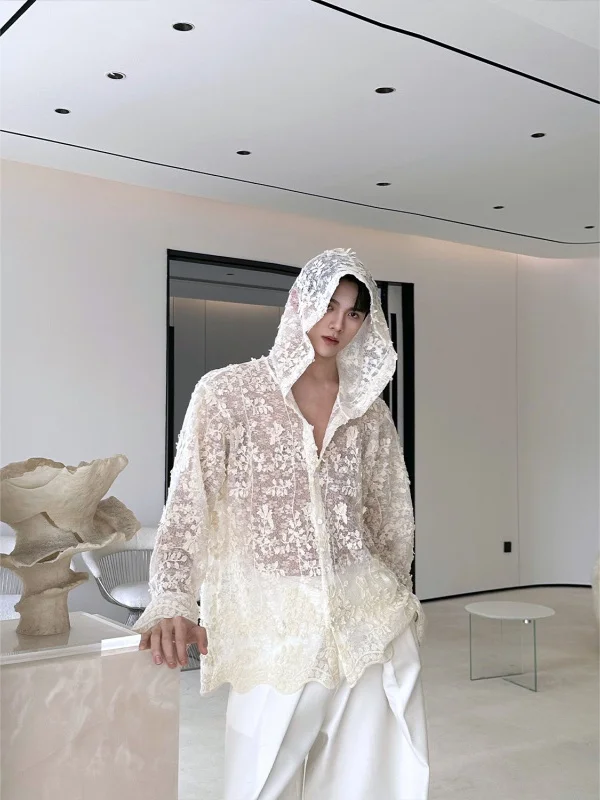 

Spring Autumn 2026 New Sle Men's Long Sve Lace Hollow out Thin irt Embroidered Floral Pattern Sun Protection Casual irt