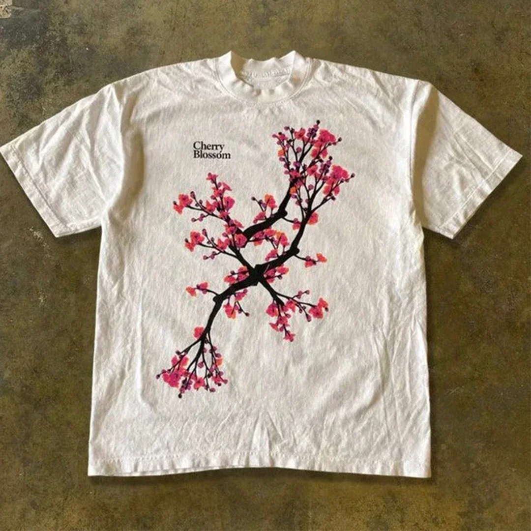 Camiseta Kawaii Y2k Grande para Hombre y Mujer, Estilo Gótico Vintage Harajuku, Estampado Clásico de Flor de Durazno, Camiseta Casual de Manga Corta con Cuello Redondo