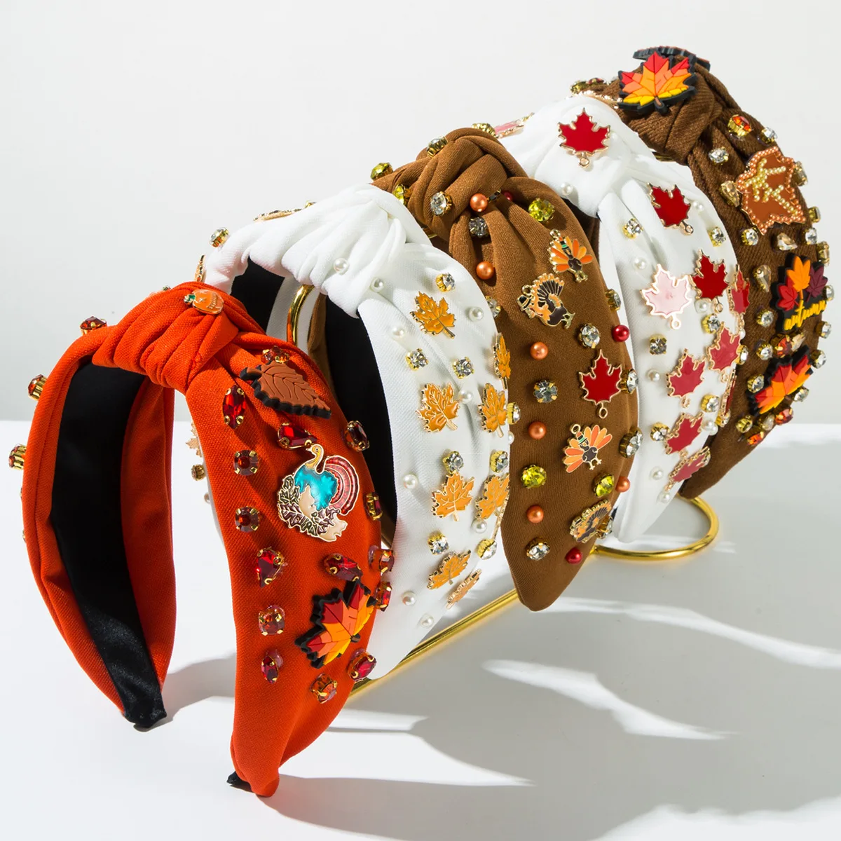 Popular Thanksgiving Fashion Headband Inlaid Rhinestone Alloy Maple Leaf Turkey Accessories Trendy Party Hair Accessories