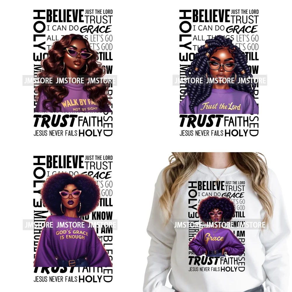 Cool Religious Black Girl Phrases Blessed Grace Love Iron on Washable DTF Heat Transfers Sticker Ready to Press for T-shirts Bag