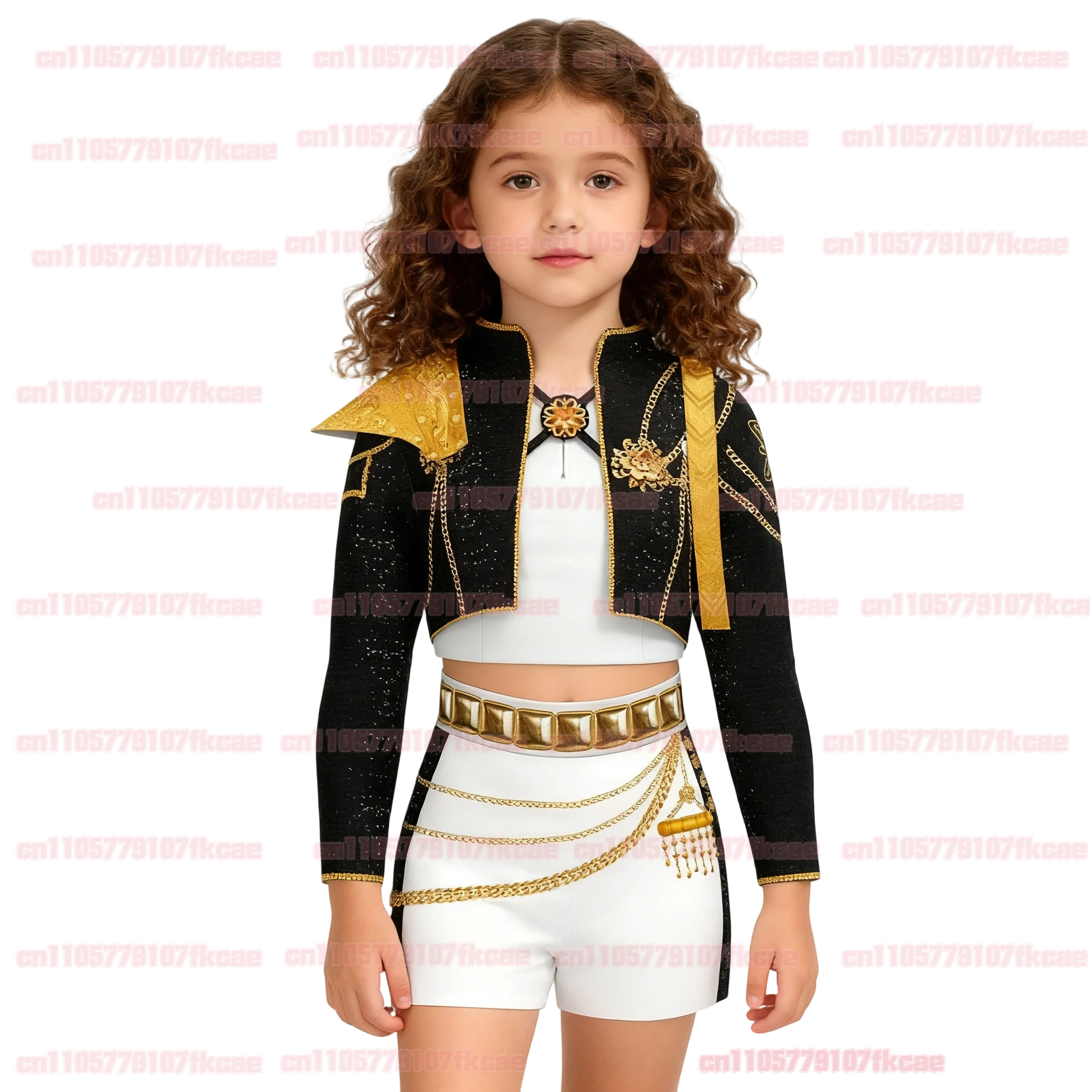 어린이 Kpop 악마 사냥꾼 루미 조이 미라 애니메이션 코스프레 의상 소녀를위한 블랙 골든 무대 공연 의류 할로윈 파티