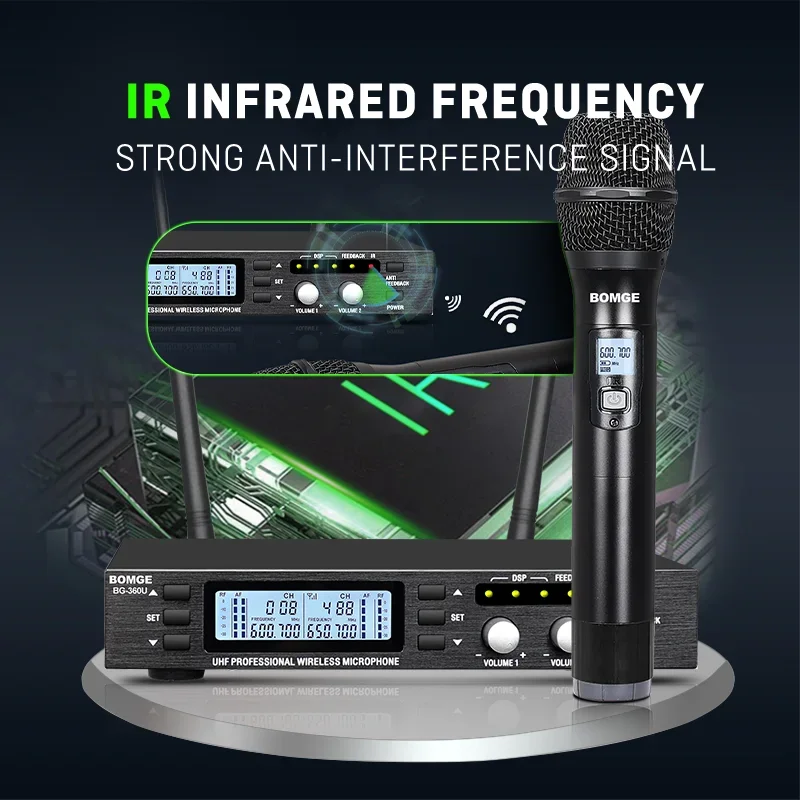 Wireless Microphone BOMGE BG360U Professional UHF 2 Channels Dual Karaoke Mic Handheld Automatic Frequency Adjustable 100M