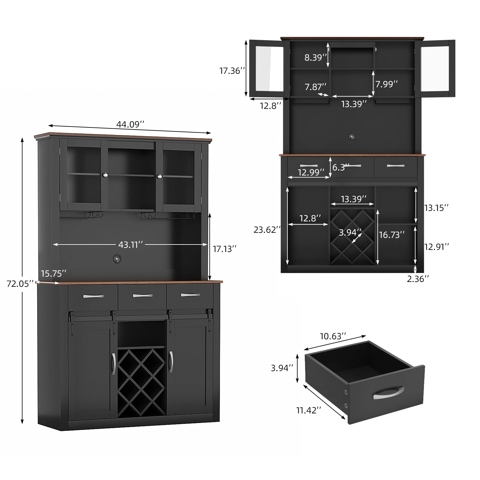 خزانة بار المزرعة بطول 72 بوصة من VOWNER مع أبواب حظيرة منزلقة، وخزانة تخزين مخزن المطبخ مع رفوف النبيذ والزجاجية #3