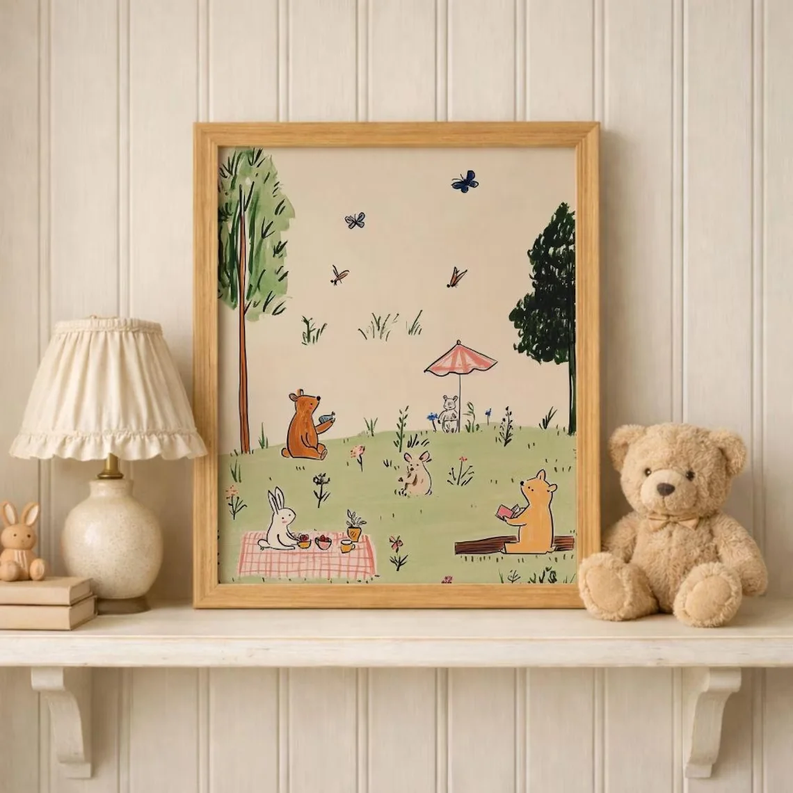 Storybook Woodland Animal Picnic Nursery Print - Whimsical Baby Room, Cottagecore Kids Artwork Printable