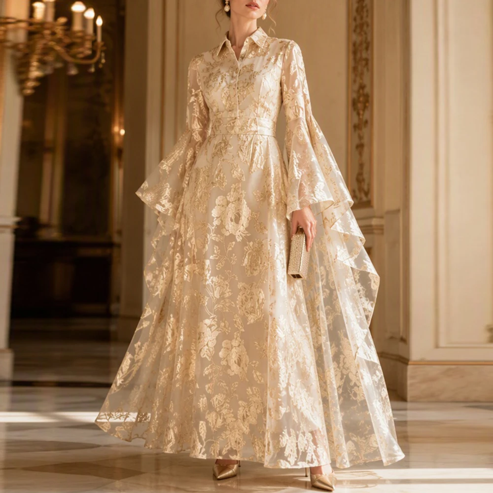 Women Organza Luxury Maxi Evening Gown Lapel Flare Sleeve Gold Embroidery Including Vest Bodycon Party Wedding Guest Dresses