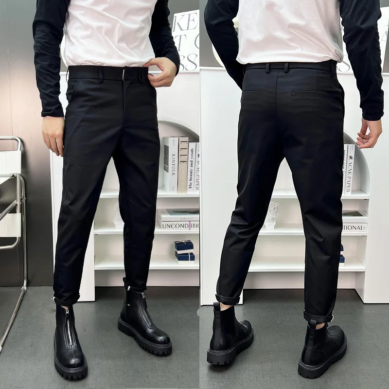 Cool Men's Black Casual Pants Autumn Fashionable Slim Fit Nine Point Long Trousers Trendy Versatile Korean Style Loose Legs