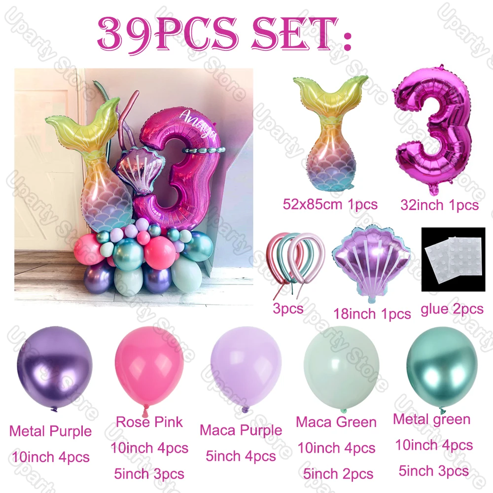 39pcs/set Mermaid Birthday Balloons 32inch Rose Pink Number Foil Balloon for Baby Shower Birthday Party Decor Kids Air Globos