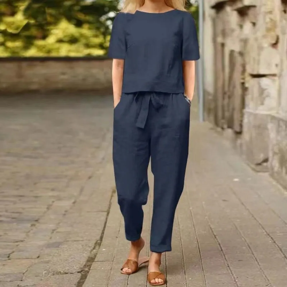 

Retro Half-sleeved Women's Cotton Linen Suit Elastic Waist Round Neck Two-piece Set Pullover Wide-leg Top+Pants Casual Wear