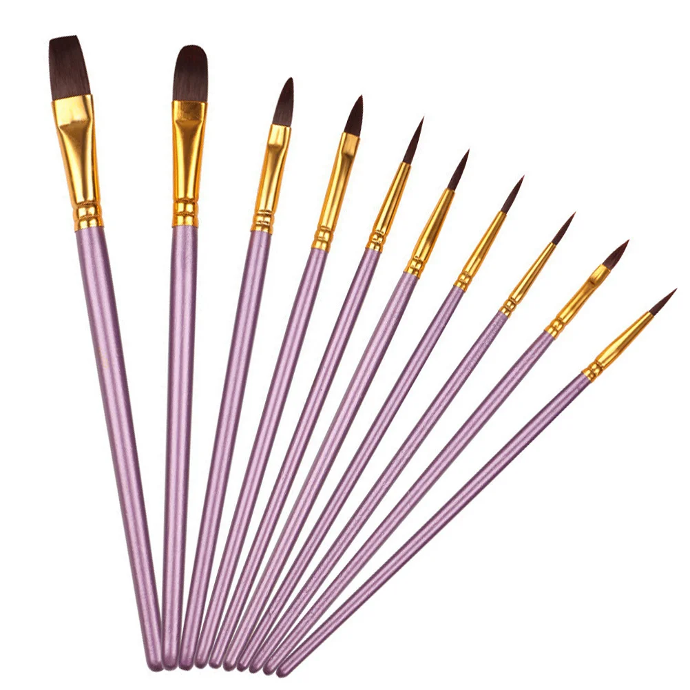 Conjunto de pincéis de pintura a óleo, cabo roxo, aquarela, nylon, lã, cabo de madeira, pincéis de arte para pintura em tela, com 10 peças
