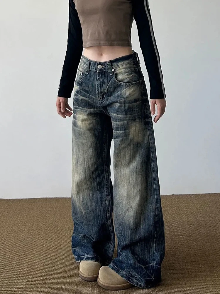 Jeans vintage invecchiati da donna Primavera Vita bassa Streetwear Pantaloni scimitar larghi Bf Pantaloni hip-hop americani tutti abbinati in denim