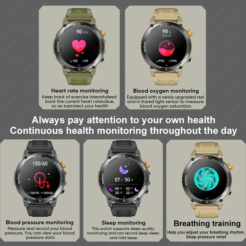 2024 New Men's Outdoor Sports Smartwatch - with Flashlight & Compass. Heart Rate Monitor Bluetooth Call. Waterproof Stylish Tech