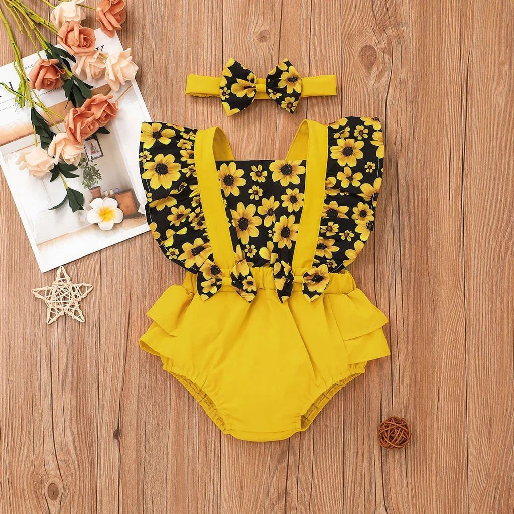 PatPat 2pcs Baby Girl Sunflower Floral Print Splice Yellow Layered Sleeveless Ruffle Romper with Headband Set