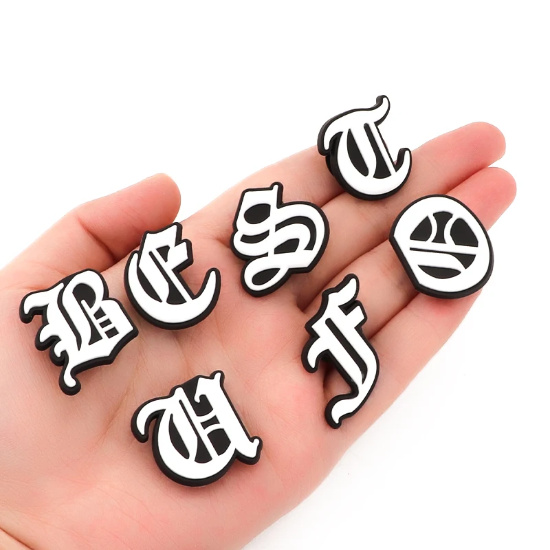 Black And White Old Alphabet Hole Shoes Charms Detachable Decoration Letter Accessories For Men Women Sandals Ornaments 1Pcs