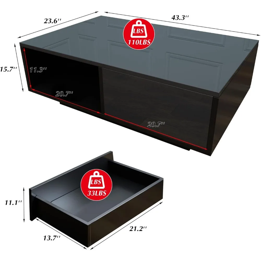 

43.3IN LED black coffee table, suitable for living room, equipped with 16 color LED lights and storage drawers