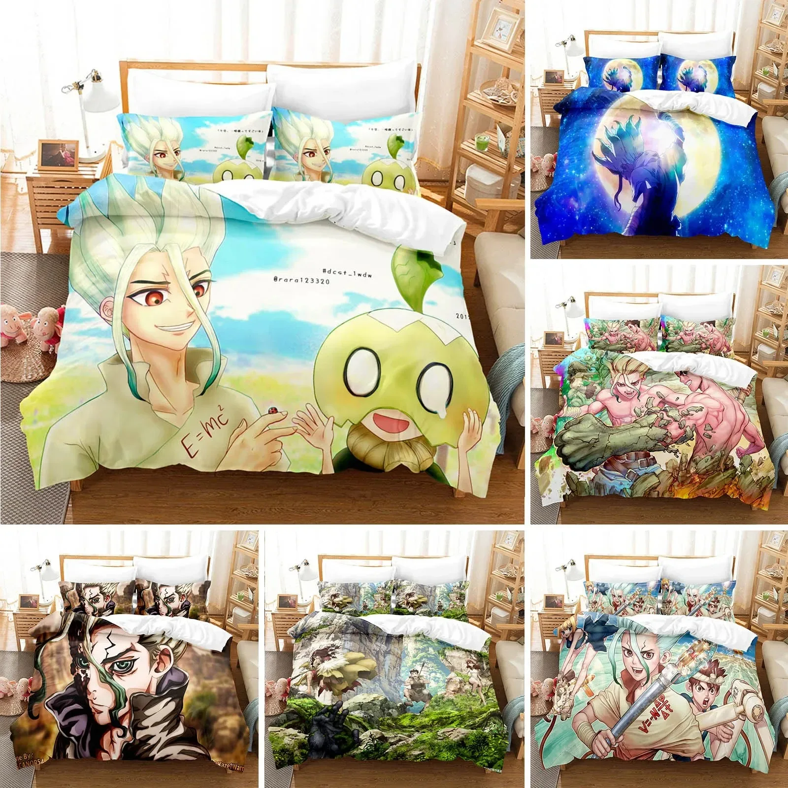 Juego de ropa de cama con estampado 3D de Anime Dr Stone, funda de edredón de dibujos animados, doble, completa, Queen, King, ropa de cama para adultos y niños