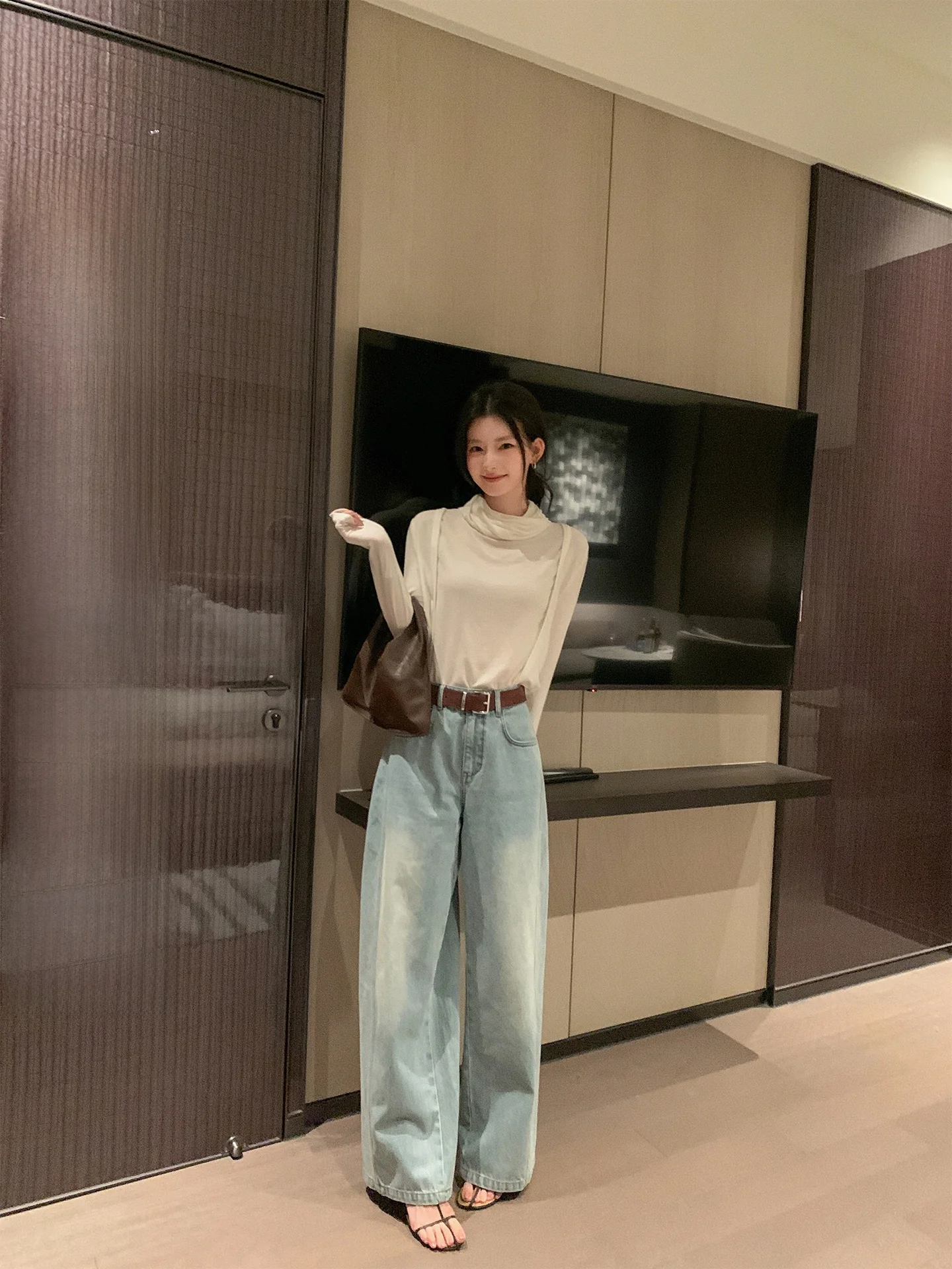 

Женские джинсы с высокой талией и широкими штанинами, модные ретро-джинсы прямого кроя из высококачественного денима, новинка весенней коллекции