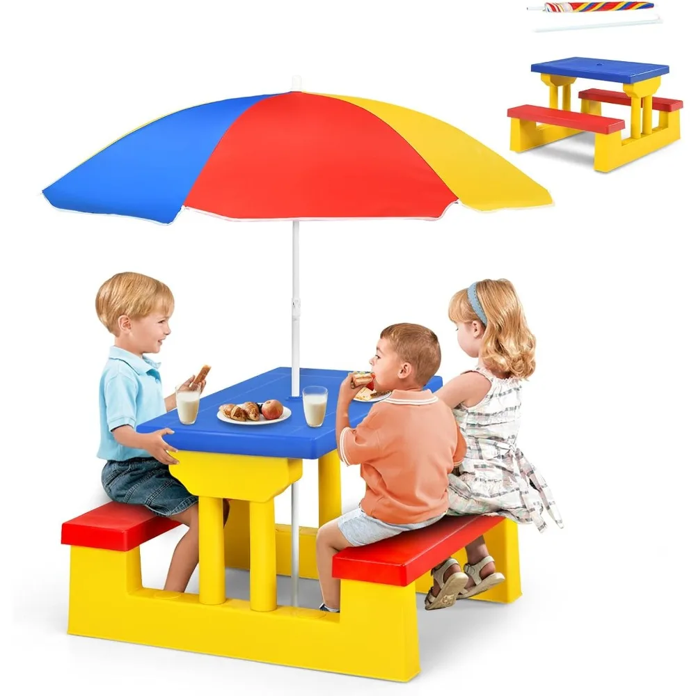 

ARMILE Kids Picnic Table, Kids indoor & Outdoor Table and Bench set with Removable & Foldable Umbrella, Portable Toddler Plastic